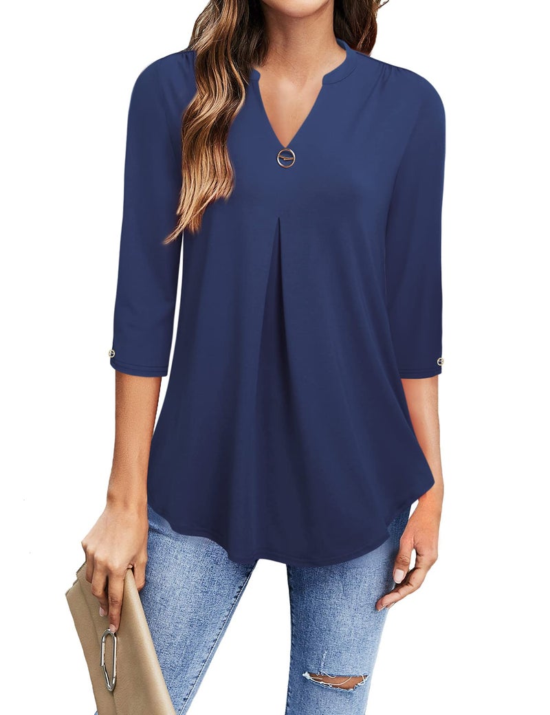 VALOLIA Women's 3/4 Sleeve Tops & Blouses - Plus Size Tunic Tops for Dressy Casual & Formal Wear - Blue Dress Shirts & Office Blouses - Image 1